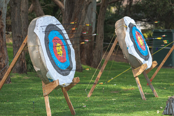 archery target with arrows in them and lined up ready for archer